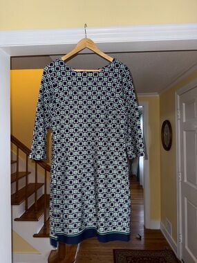 Talbots Navy, Green and White Geometric Shift Dress
